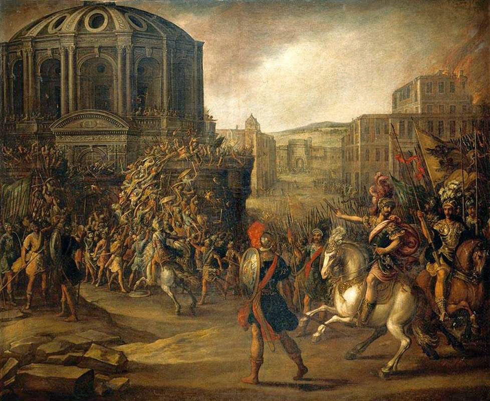 battle scene with a roman army besieging a large city